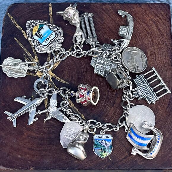 Vintage Charm Bracelet Sterling Silver European Vacation Jewelry 1950s charms - Picture 2 of 7